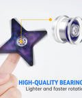 Close-up of 24 Pack Fidget Spinner Cap Bearings Kit with chrome steel MR137 and star-shaped spinner on finger.