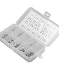 120Pcs E Clip Circlip Retaining Ring Set in stainless steel, various sizes, storage box open showing organized compartments.