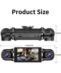 Dimensions of All-Around 360 Dash Cam With Four Lenses, 17.8cm wide, 4.8cm tall, showing side and front camera views
