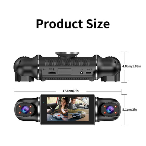 Dimensions of All-Around 360 Dash Cam With Four Lenses, 17.8cm wide, 4.8cm tall, showing side and front camera views