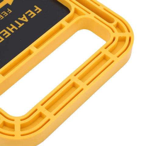 Close-up of the 6 Inch Adjustable Feather Board And Tough As Nails ABS Push Block, featuring a yellow design for easy gripping.