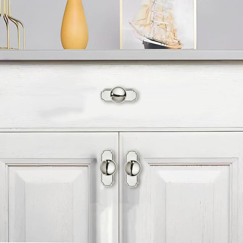 Five Pack Heavy Duty Polished Nickel Cabinet Knobs And Backplates, 1 25 Inch Center To Center, Built Like A Truck Zinc Alloy Vintage Drawer Pulls For Breezy Kitchen Refresh Upgrades on white cabinetry.