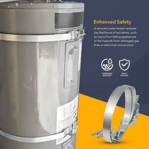 Seismic Water Heater Restraint Strap Kit 90 Inch Long One And A Half Inch Wide Galvanized Steel Adjustable Fit For Up To 55 Gallon Heaters Prevents Tipping And Explosions During Earthquakes shown securing a water heater, highlighting corrosion resistance and durability with safety info panel.