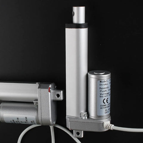 Beefy 30mm Stroke 12V DC Linear Actuator, Quiet 24mm/s Heavy Duty Push Pull shown in silver color with wiring detail
