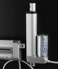 320 Mm Stroke Linear Actuator Motor 24V Dc Heavy Duty Alloy Steel Shaft 293 Pound Force in silver finish with motor and connections.
