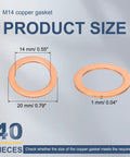 Beast Grade M14 Copper Washers Hella Tough Metric Flat Gasket Seal Crush Ring Hardware 14mm diameter 20mm thickness 40 pack