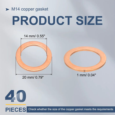 Beast Grade M14 Copper Washers Hella Tough Metric Flat Gasket Seal Crush Ring Hardware 14mm diameter 20mm thickness 40 pack