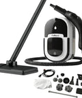 Pro Two In One Steam Cleaner Mop With Large Tank For Sixty Min Run And Fifteen Sec Warm Up showing accessories and cleaning head.