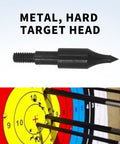 Close-up of metal 12 Pack 100 Grain Screw In Archery Field Points for Recurve and Compound Bow Arrows with target impact.