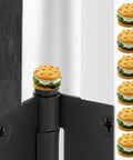 Hamburger Hinge Toppers Set Of 6 Magnetic Door Decor Mini Burgers on a black metal door hinge and displayed separately