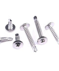 410 Stainless Steel Self Drilling Screws Kit For Metal with Wafer Head Phillips Drive in six sizes, close-up view.