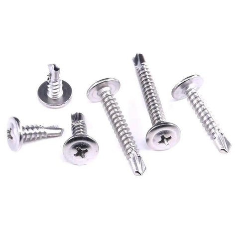 410 Stainless Steel Self Drilling Screws Kit For Metal with Wafer Head Phillips Drive in six sizes, close-up view.