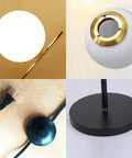 Close-up details of the Mid Century Modern White Glass Ball Floor Lamp For Living Room Bedroom Office And Hotel, Tall 60 Inch Stand With G9 Base, 40W Max, Easy Assembly, Classic Creative Lighting That Turns Any Space Lit.