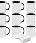 Set Of 9 White Ceramic Sublimation Mugs With Black Inner And Handle, Pro Grade Coated For Mug Press, Bulk Sublimation Cups