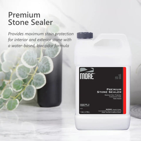 High End Water Based Stone Sealant For Granite Marble Concrete And Grout Keeps Indoors Or Outdoors Lookin Clean While Shutting Out Oil Stains With A Slick Invisible Coating That Guards Surfaces From Daily Messes In One Full Gallon For No Hassle, 1 gallon bottle with water-based formula.