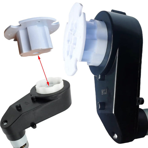 Close-up of Two Pack Tire Adapter Connection Clips for Ride On Toy Cars, showing assembly and black housing unit with gear.