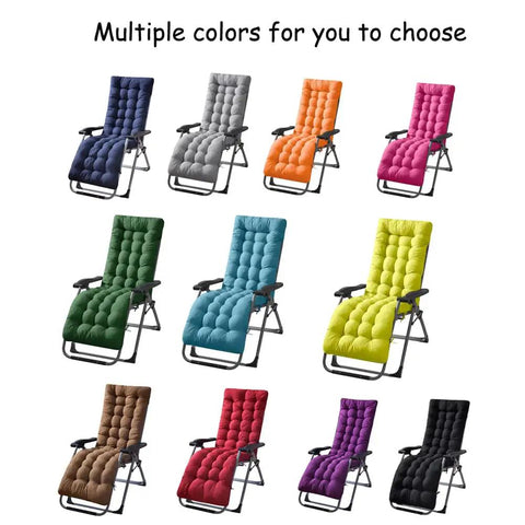 Eleven patio chaise loungers with cushions in various colors, including navy blue, in a row showcasing color options.