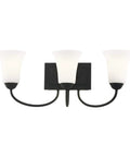 Ridgedale 3 Light Bath Vanity Fixture in Matte Black Finish with transitional design and satin opal white glass shades.