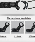 Adjustable Bike Stem 31.8mm, 130mm, 0 to 60 Degree MTB Handlebar Stem shown in three sizes with exploded view