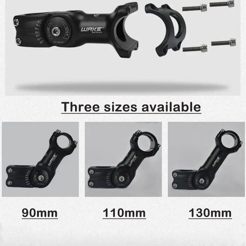 Adjustable Bike Stem 31.8mm, 130mm, 0 to 60 Degree MTB Handlebar Stem shown in three sizes with exploded view