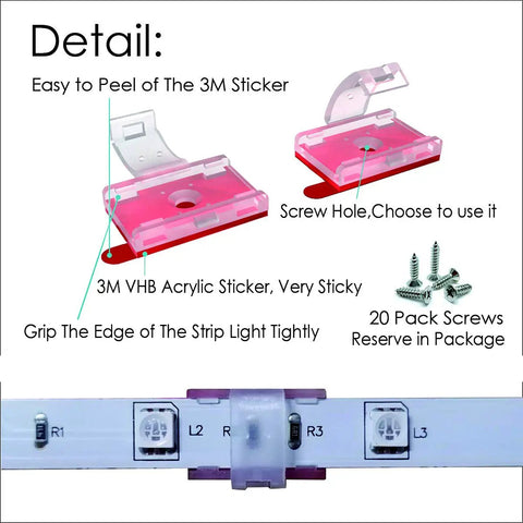 LED Strip Light Mounting Brackets And Clips 100 Pack Clear Self Adhesive And Screw Fixing Cable Organizer Clips detail