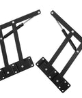 Front view: pair of black heavy-duty lift-up self-closing hinges with springs for drop-leaf tables