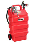 16 Gallon Portable Fuel Tank Caddy With 12V DC Electric Self Priming Transfer Pump For Cars Lawn Mowers ATVs Boats And More Durable HDPE Tank For Gasoline And Diesel showing red tank with hose and nozzle