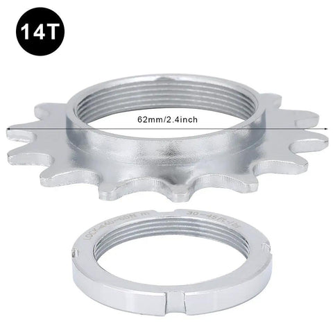 14T heavy-duty galvanized steel freewheel flywheel for fixed gear, 62mm diameter, showing cog teeth and hub connection details.