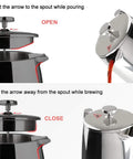 1.5 Liter 304 Stainless Steel French Press Coffee Maker built to last with insulated double wall and extra screen shown open and closed.