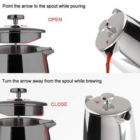 1.5 Liter 304 Stainless Steel French Press Coffee Maker built to last with insulated double wall and extra screen shown open and closed.