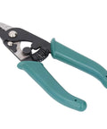Heavy Duty 3 Hole Wire Stripper With Knockout Ergonomic Grip And Ridiculously Smooth Adjustable Aperture showing green handles and steel cutting jaws.