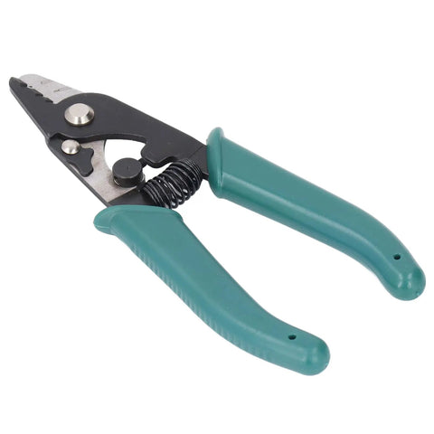 Heavy Duty 3 Hole Wire Stripper With Knockout Ergonomic Grip And Ridiculously Smooth Adjustable Aperture showing green handles and steel cutting jaws.