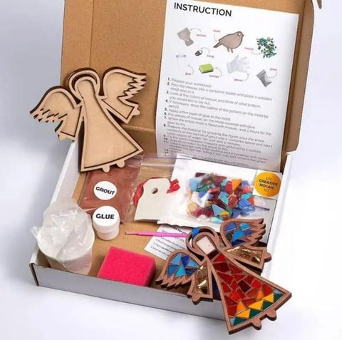 DIY Mosaic Kit For Grownups With Feather Bird Cat And Heart Designs Christmas Gift in open box with tiles, grout, and instructions.