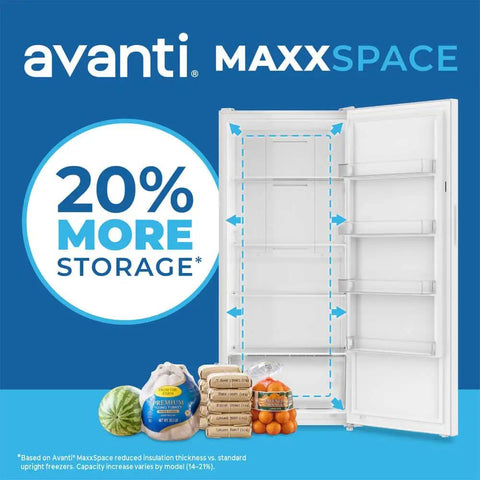 21 Cu Ft Frost Free Convertible Upright Freezer With Turbo Freeze And MaxxSpace Insulation Garage Ready with open door and food items.