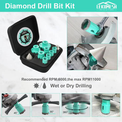 Badass Heavy Duty 11 Piece Tile Hole Saw Kit For 6 To 65 MM Holes Includes 4.5 Inch Diamond Cutting Disc Wheel Finger Bit And Chamfer Tool For Porcelain Ceramic Granite Masonry in a carrying case.