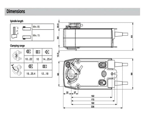 Dimensions diagram of Heavy Duty Hvac Rotary Damper Actuator With Fail Safe Motorized Control, 24 Volt Ac Power, 10 Nm Torque.