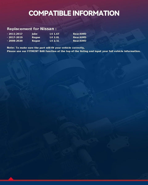 Compatibility information for rear wheel bearing and hub assembly, Nissan Rogue 2008-2013, Juke 2011-2014 AWD models.