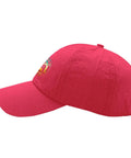 Side view of rose red Cool Uncle Club Baseball Cap For Men Like A Dad But Cooler EST 2026, showing vented design and adjustable fit