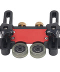 Premium Roller Table Saw Feeder For Woodworking Bench With Anodized Aluminum Base and Flexible Polyurethane Wheels top view on red and black design.