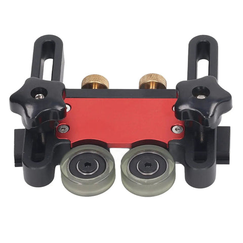 Premium Roller Table Saw Feeder For Woodworking Bench With Anodized Aluminum Base and Flexible Polyurethane Wheels top view on red and black design.