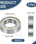 4 Pack Deep Groove Ball Bearings 6904ZZ 20x37x9mm chrome steel shielded, shown in front and side view with dimensions.