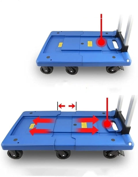 Heavy Duty Folding Flatbed Cart With Slick Retractable Chassis Smooth Rolling Portable Platform Truck shown with retractable chassis feature.