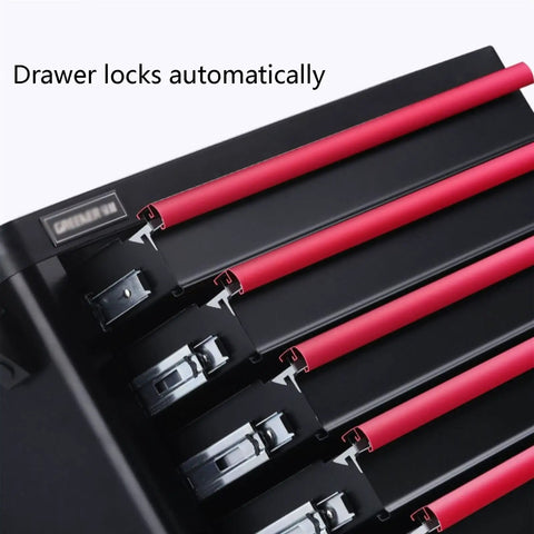 Heavy Duty Rolling Tool Box With Seven Lockable Drawers, Steel Tool Chest Cart close-up showing automatic locking drawers
