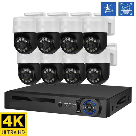 Total Game Changer 8MP 4K POE PTZ Security Camera Surveillance Kit includes 8 cameras and a recorder, designed for outdoor use.