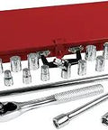 23 Piece Socket Set With Half Inch Drive, 12 Point Chrome Sockets, Wrench And Extensions, Tradesman Grade Tool Kit, Red Case