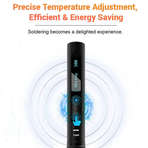 OLED display of TS80P Soldering Iron Pro Mini Portable Digital Welding Tool Kit with circular energy-saving graphic.