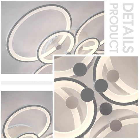 Close-up of Cool 8-Ring LED Dimmable Ceiling Light With Remote, White Finish, metal acrylic circles, modern flush mount