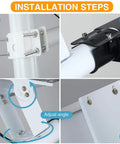 Installation steps for Beast Mode Bright 300W Solar Street Light With Remote Control showing brackets and angle adjustment.