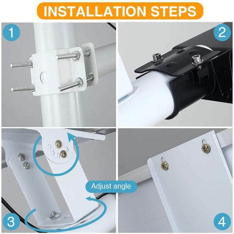Installation steps for Beast Mode Bright 300W Solar Street Light With Remote Control showing brackets and angle adjustment.