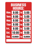 All-In-One Business Hours Sign Kit With 8 By 12 Inches Red And White Sign Includes Static Cling Letters And Numbers For Easy No-Fuss Hours Display Great For Small Shops Offices And Front Desks.